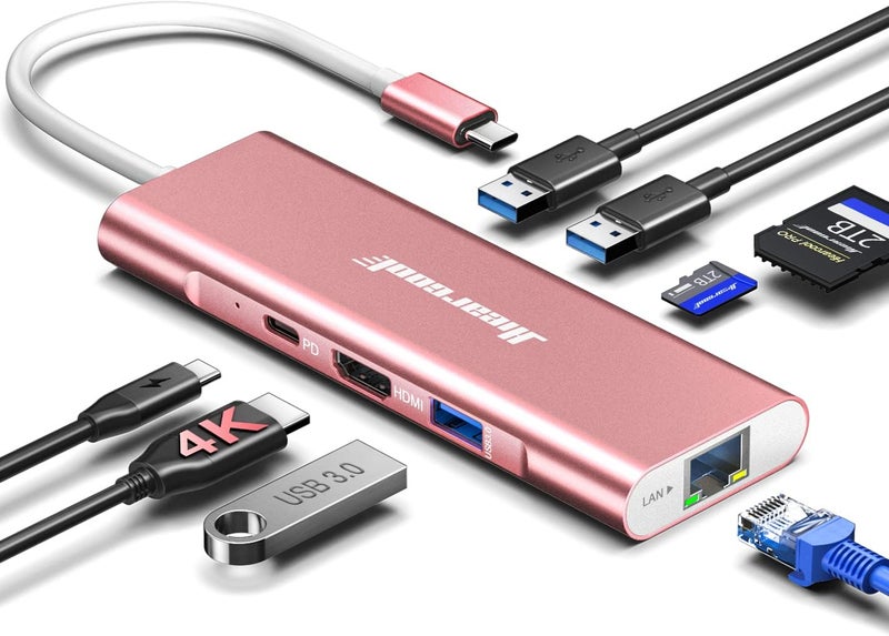 Hiearcool USB C Hub Ethernet, 8in1 USBC Hub Multi-Port Adapter, USB-C to HDMI Docking Station Type C Adapter Dongle Compatible for MacBook Dell XPS HP ASUS and More Type-C Devices-Rose Gold - Image 1